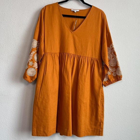 NWT Madewell Embroidered-Sleeve Popover Dress Burnished Caramel Linen Size Small - Picture 2 of 10